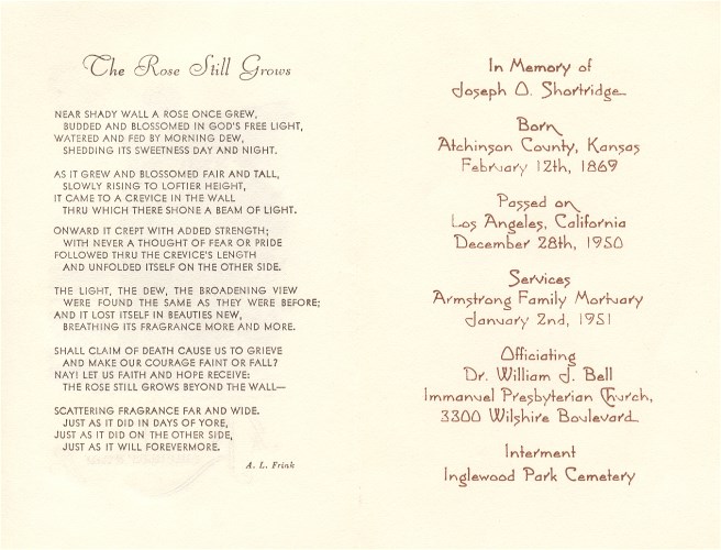 Joseph Oscar Shortridge Funeral Card