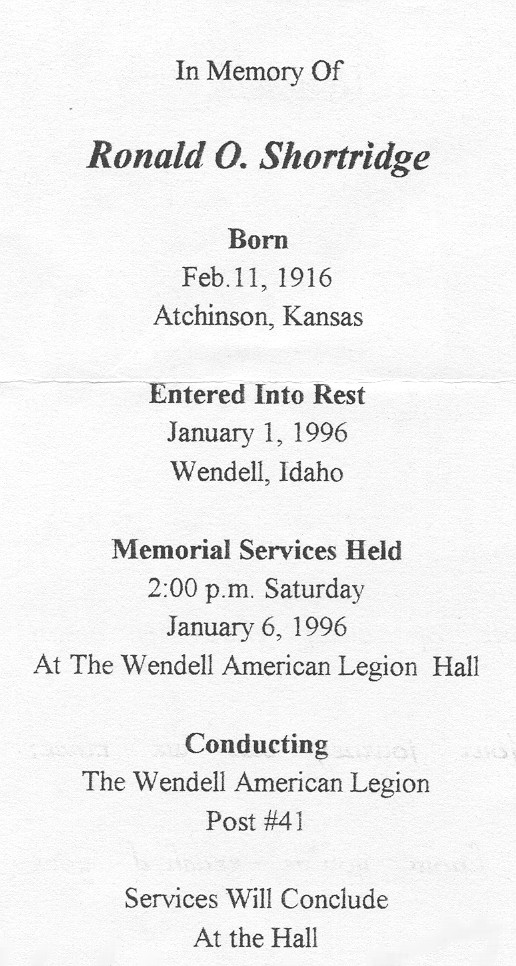 Ronald Oscar Shortridge Funeral Card