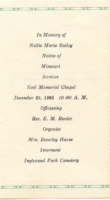Nellie Marie Weathers Bailey Funeral Card