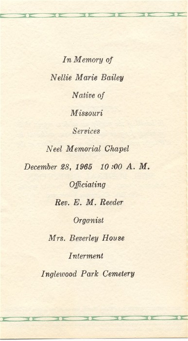 Nellie Marie Weathers Bailey Funeral Card