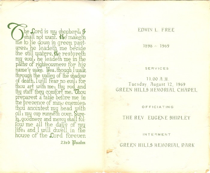 Edwin L. Free Funeral Card