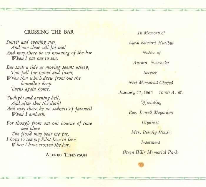 Lynn Edward Hurlbut Funeral Card