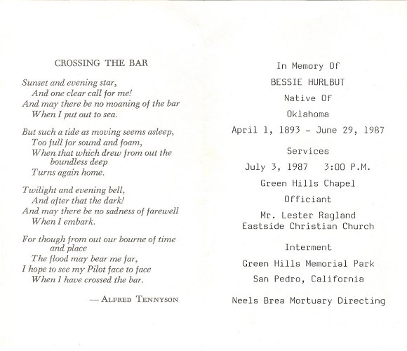 Bessie Weathers Hurlbut Funeral Card