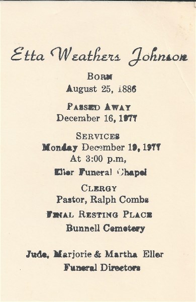 Nellie Marie Weathers Bailey Funeral Card