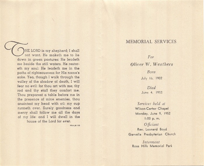 Oliver William Weathers Funeral Card