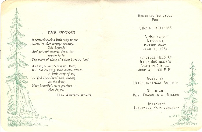 Lavina Matilda Vickery Funeral Card